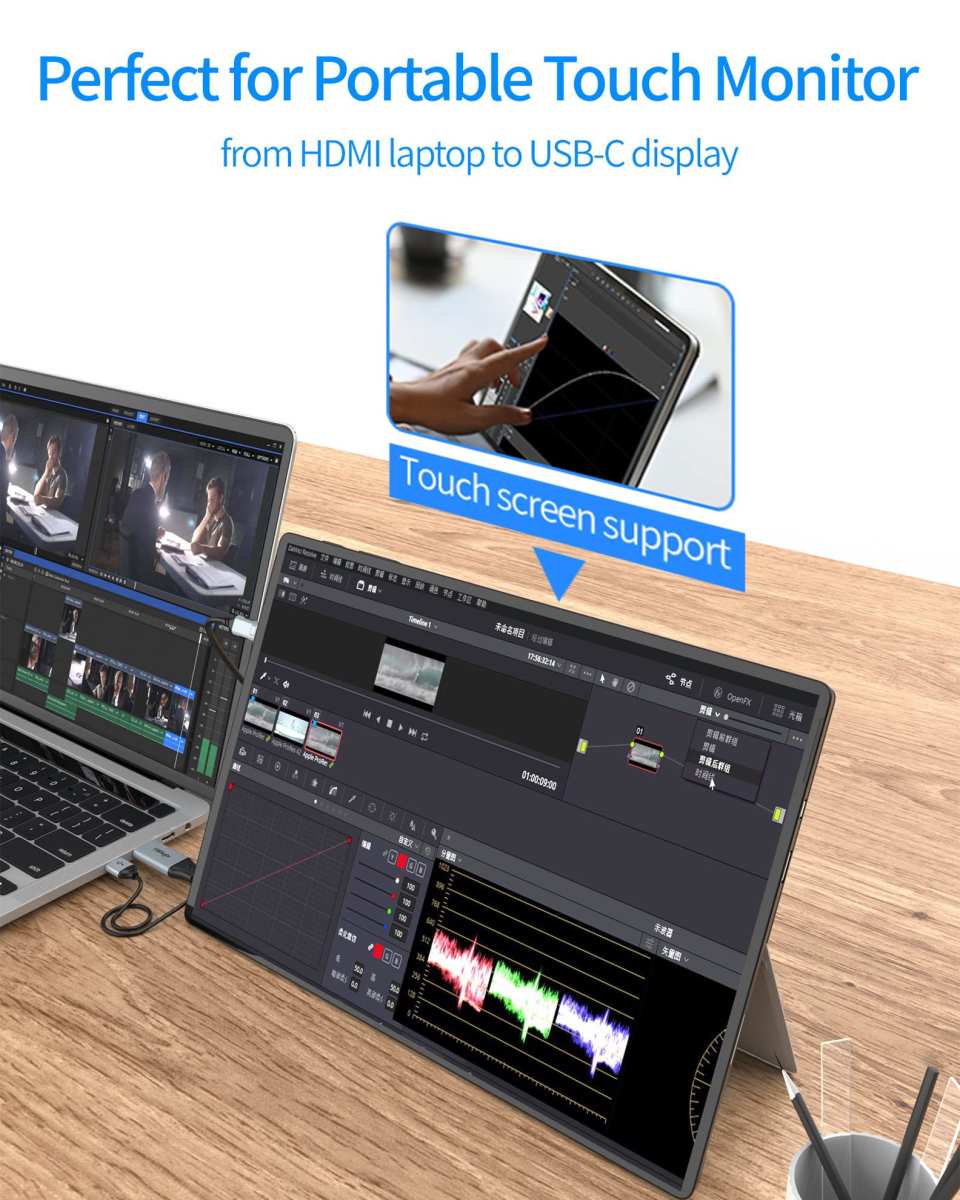 USB-C cable connected to portable monitor for MacBook