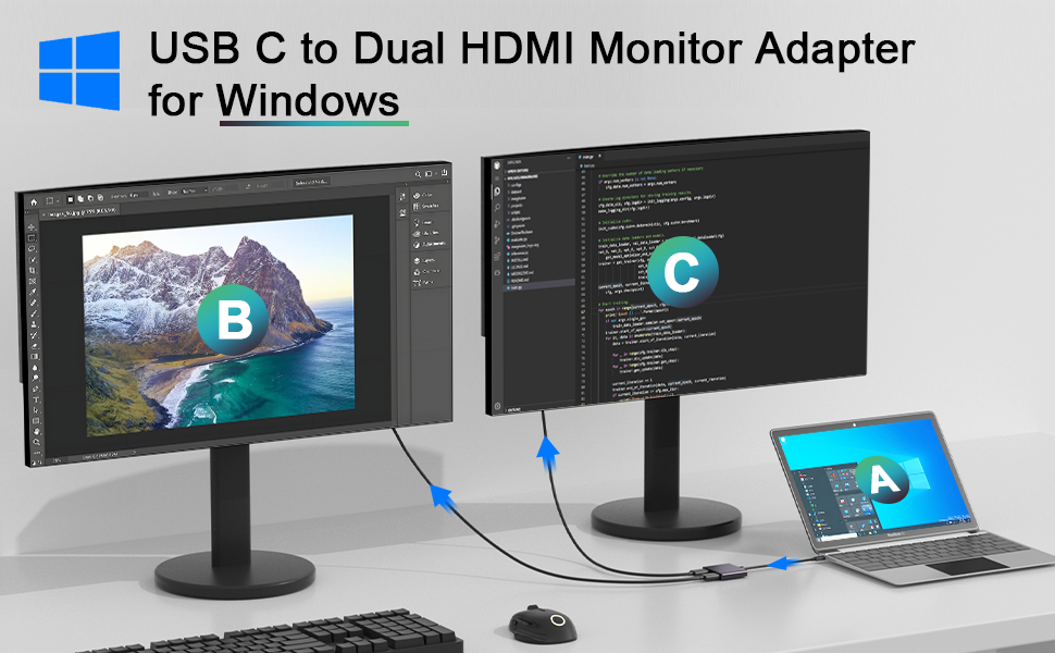 USB-C hub with dual HDMI connected to laptop