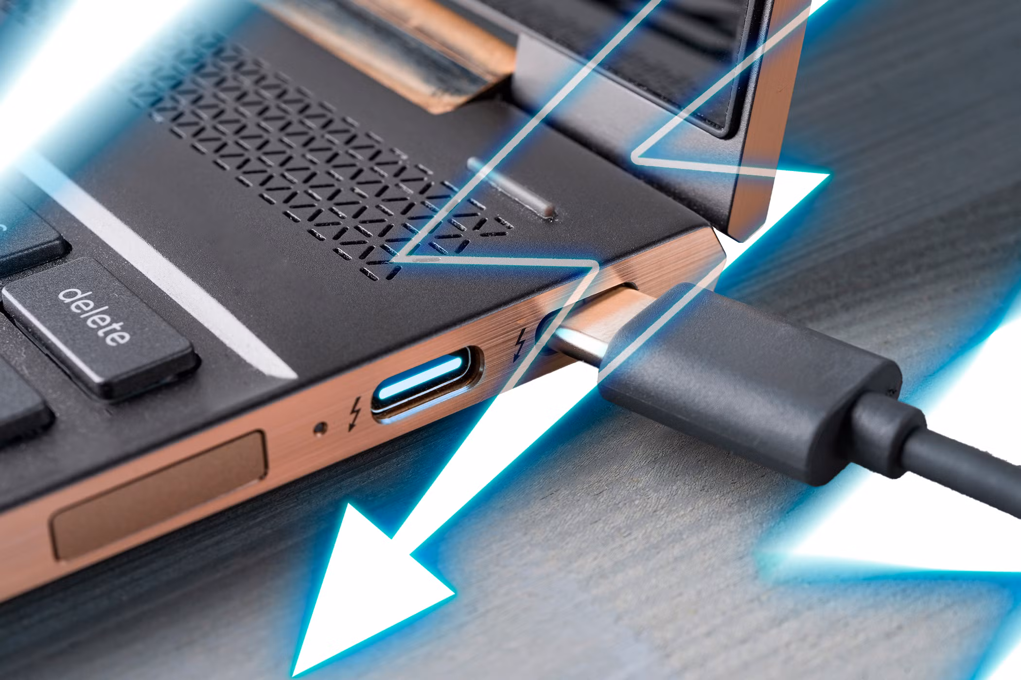 USB-C port with Thunderbolt symbol on laptop