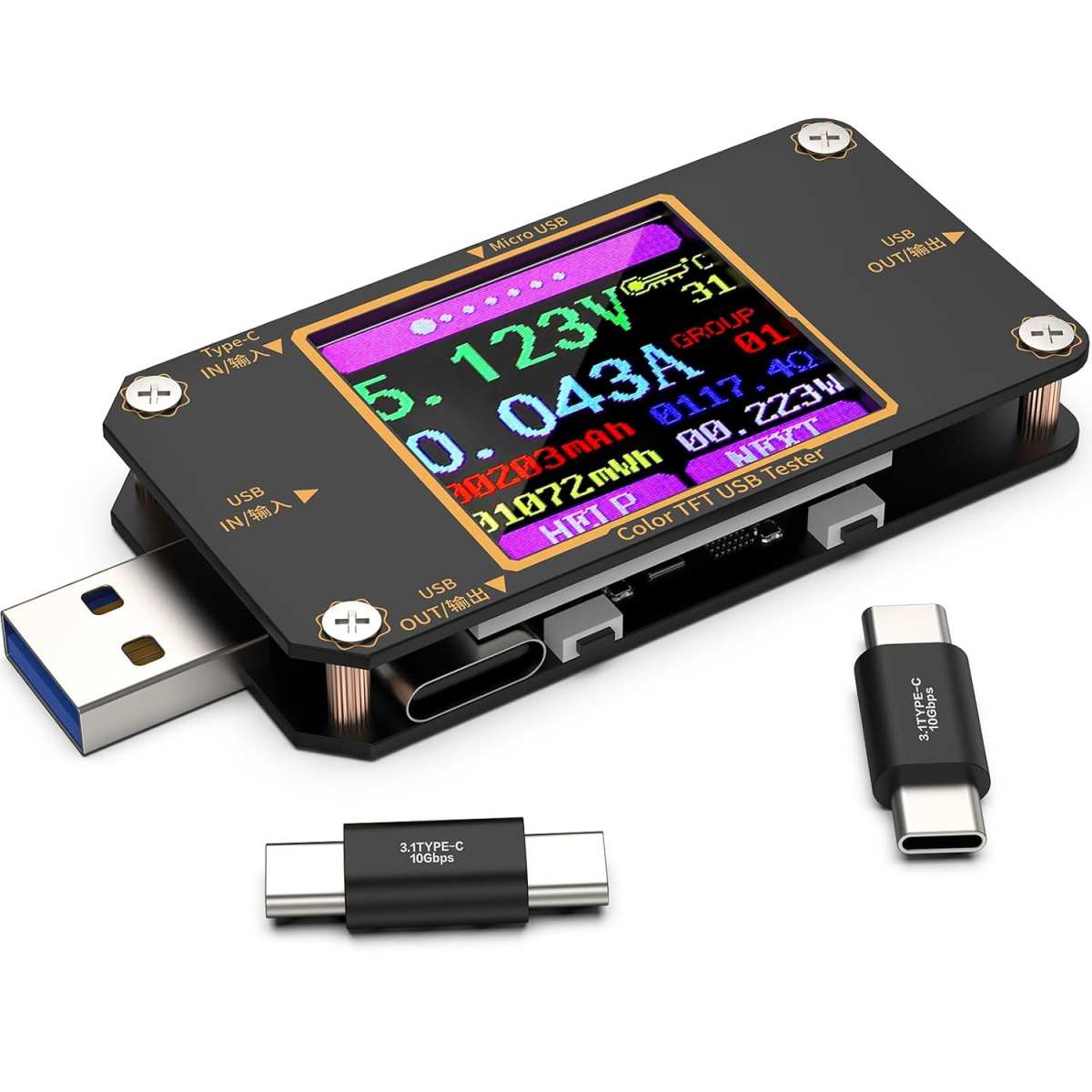 USB-C power delivery meter showing wattage