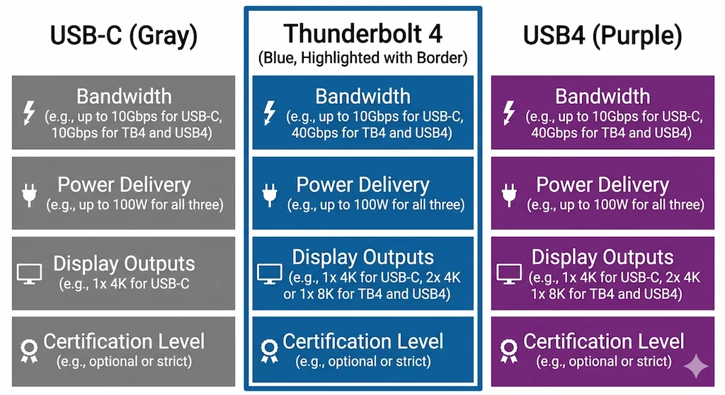 USB-C vs Thunderbolt vs USB4 comparison chart