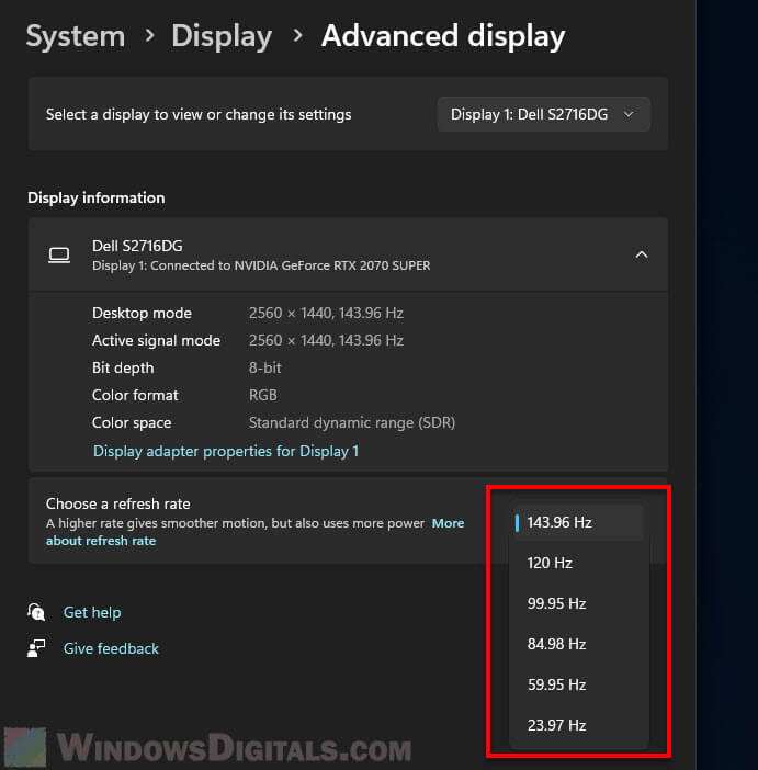 Windows 11 advanced display settings refresh rate dropdown