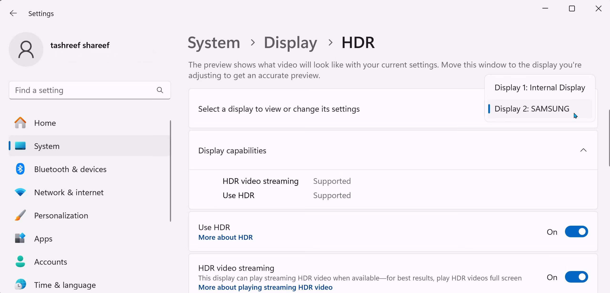 Windows 11 HDR settings screen
