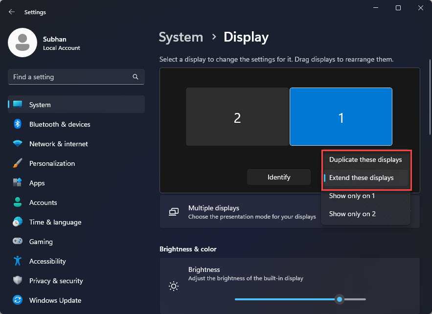 Windows display projection settings