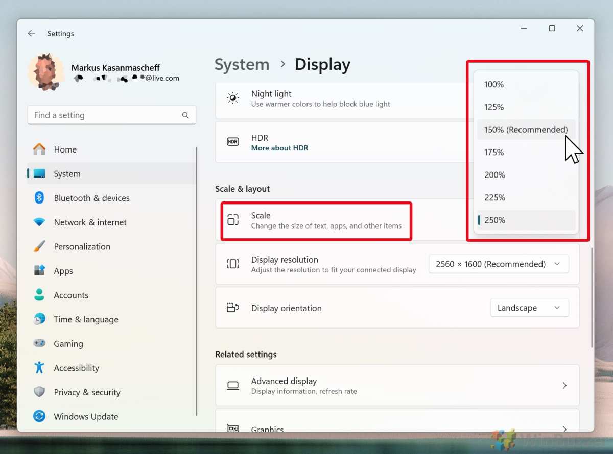 Windows display scaling settings screen