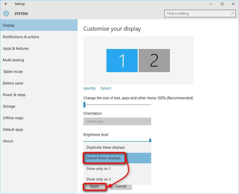 Windows display settings extend monitors