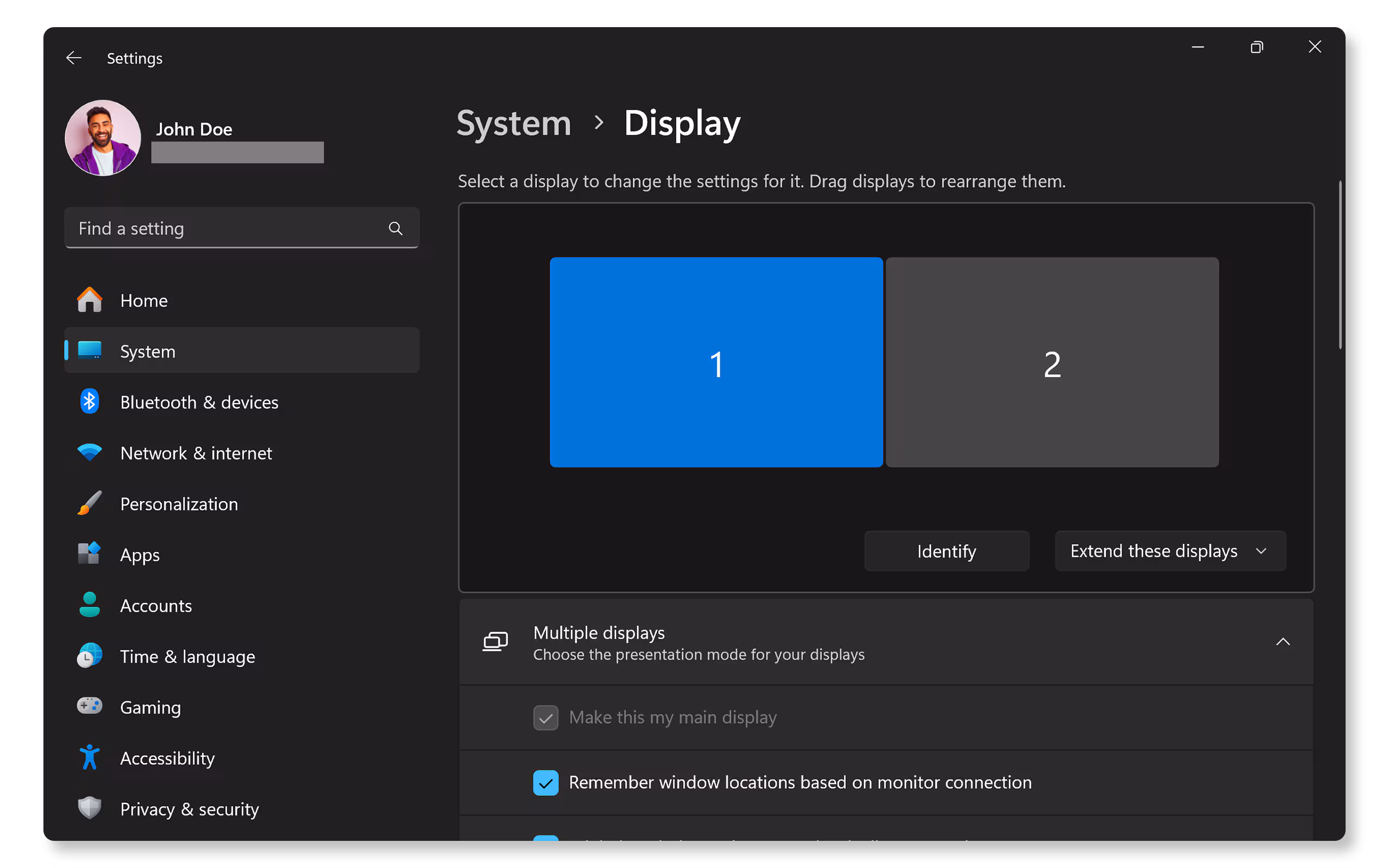 Windows display settings monitor thumbnails