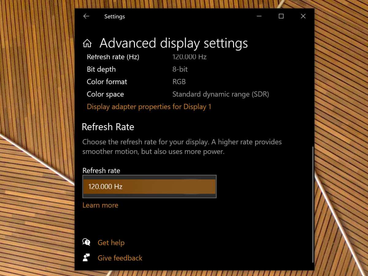 Windows display settings refresh rate