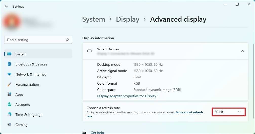 Windows display settings refresh rate