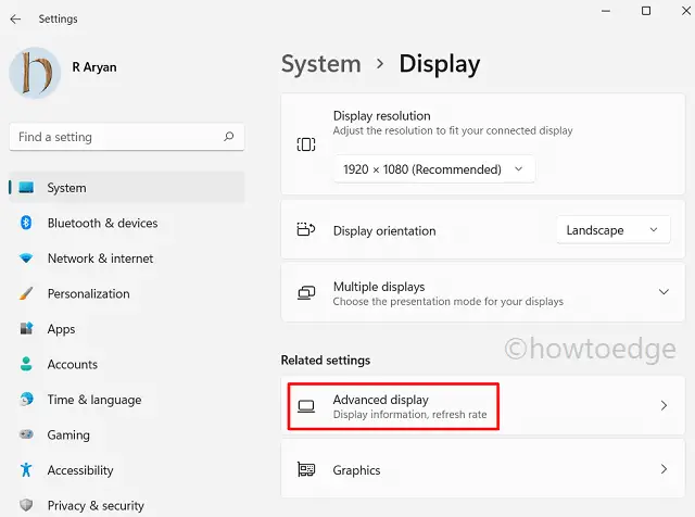 Windows display settings refresh rate