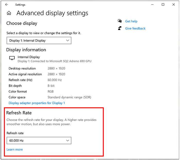Windows display settings refresh rate