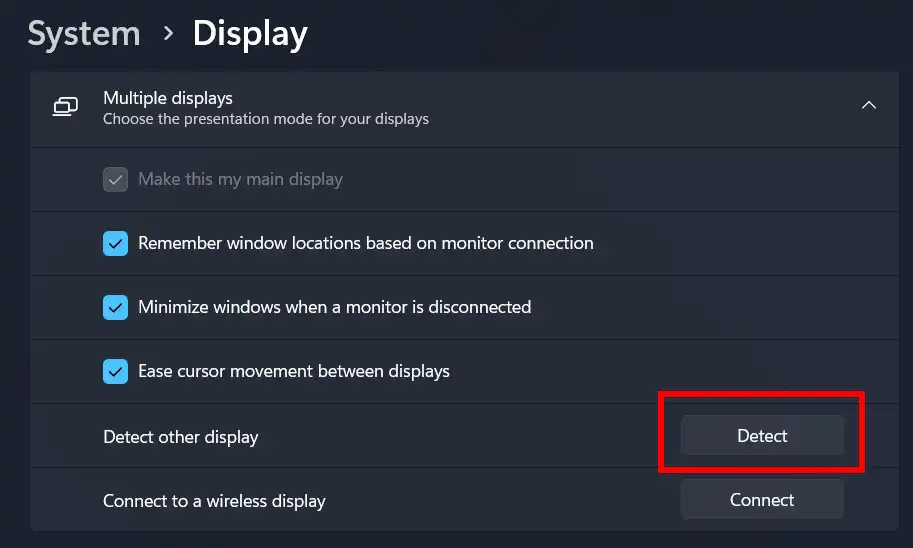 Windows display settings showing monitor detection and resolution options