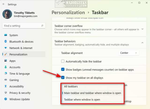 Windows taskbar settings multiple displays