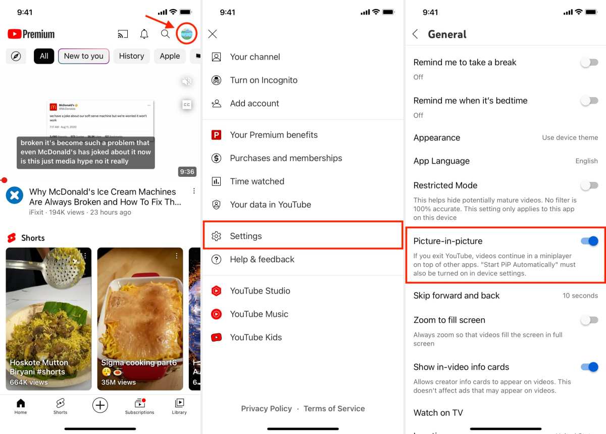 YouTube Premium picture-in-picture settings