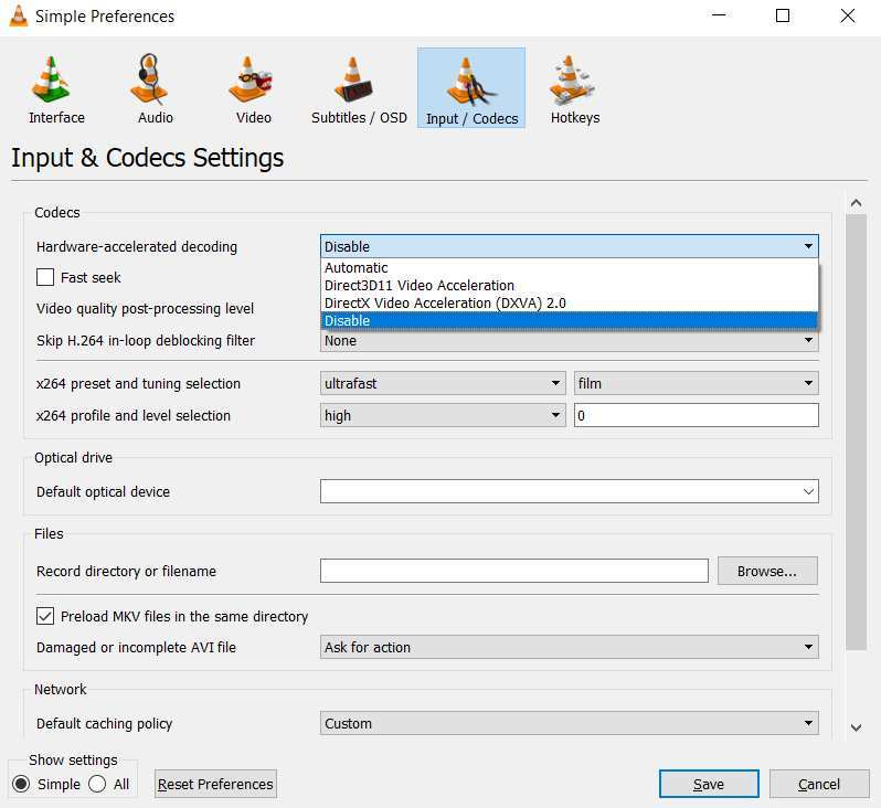 hardware acceleration toggle video player