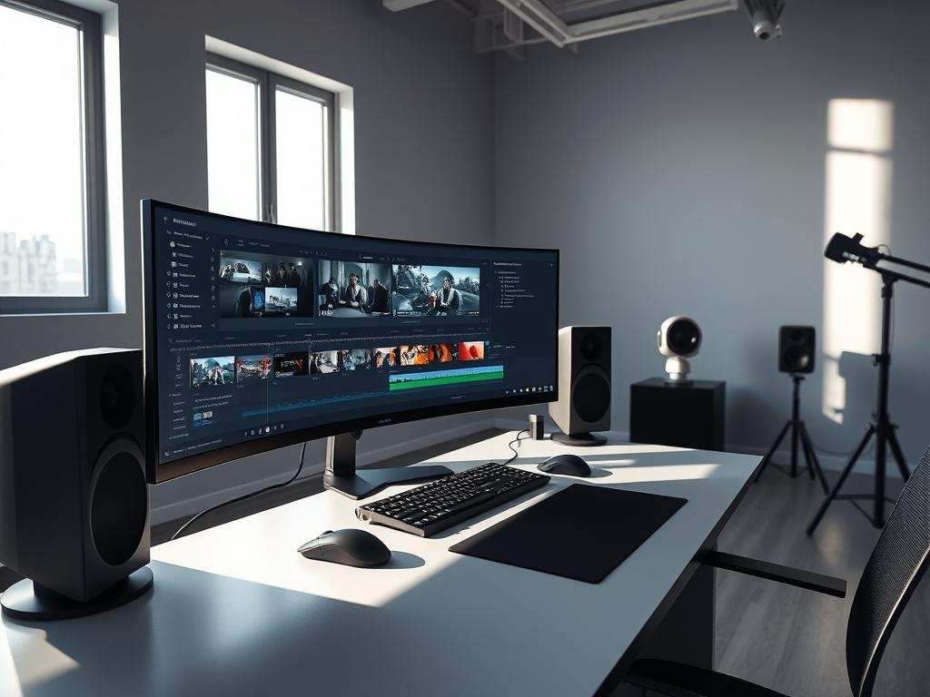 professional video editor workstation curved ultrawide